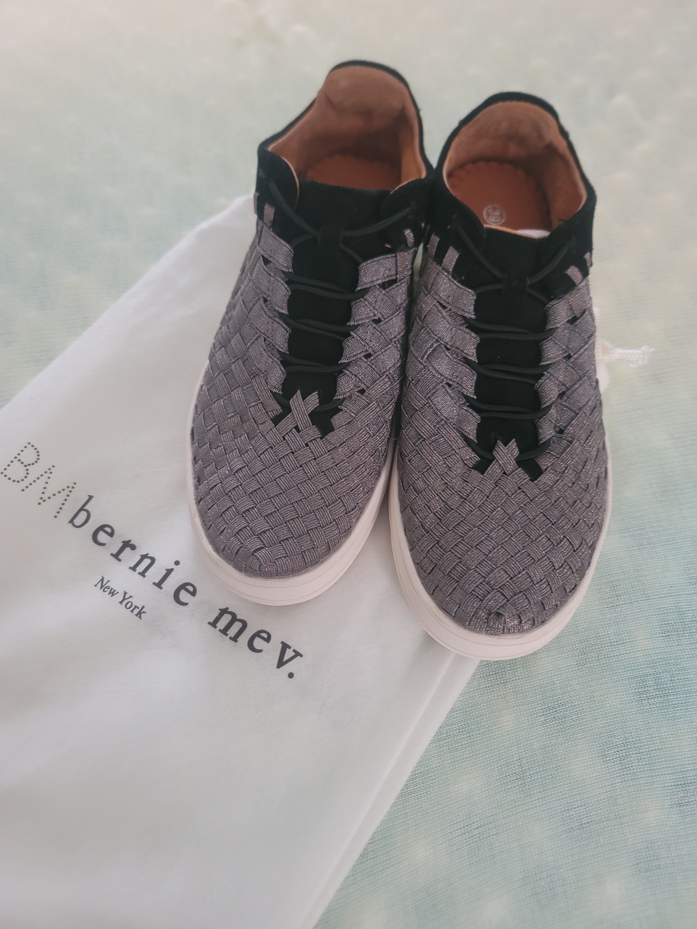 bernie mev. Black and Gray Woven Slip-On Sneakers
